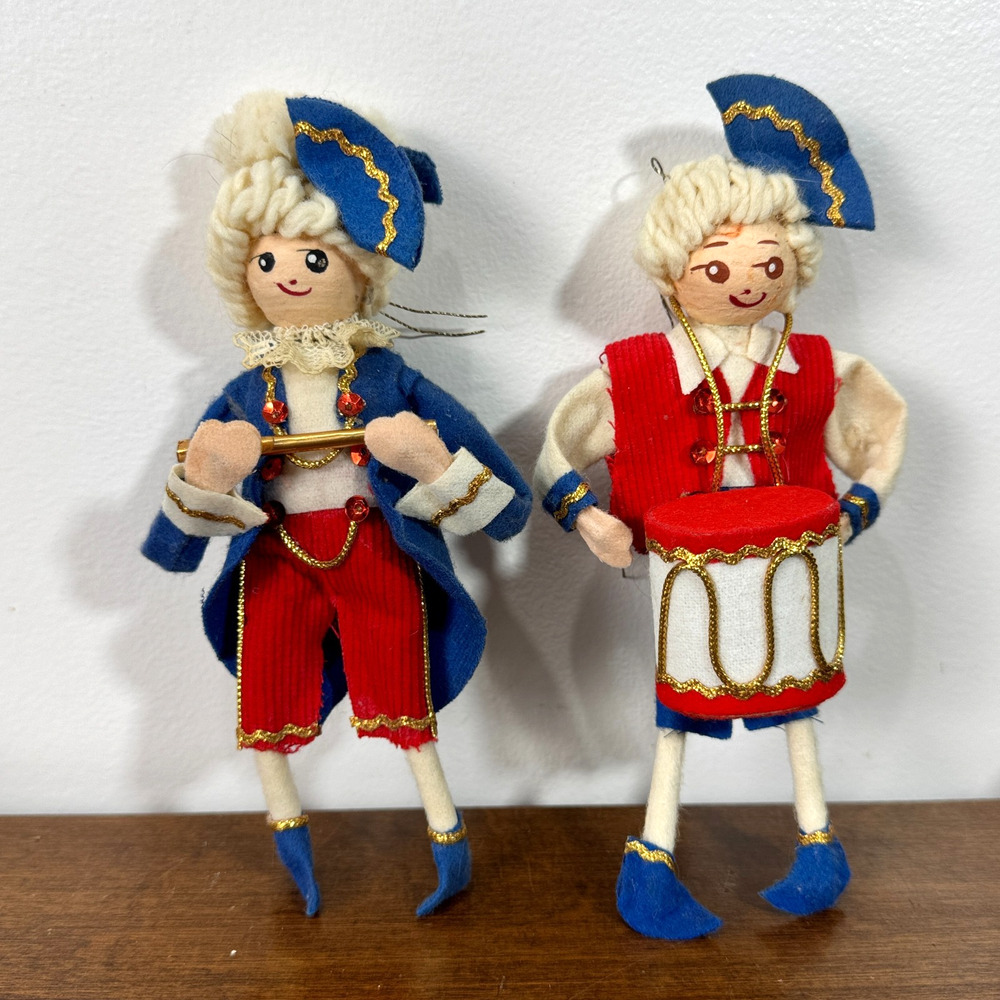 Vintage Felt Colonial Fife & Drum Musician Christmas Ornaments Doll Pair 6" 1958